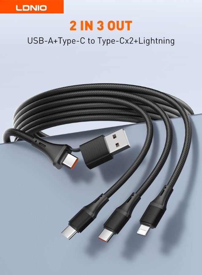 LDNIO 100W 4-in-1 Fast Charging Cable with Dual Input | USB-C Input + Removable USB-A Adapter | Dual Type-C (100W + 15W) + Lightning (30W) Output | Charge 3 Devices with One Cable | For iPhone 17 / 16 / 15 / 14 / 13 / 12 Series, Samsung Galaxy New Models, OnePlus, Oppo, Vivo, Honor, Nothing, One plus | Adapter Charging Cable | 1.2m Black - Image 1
